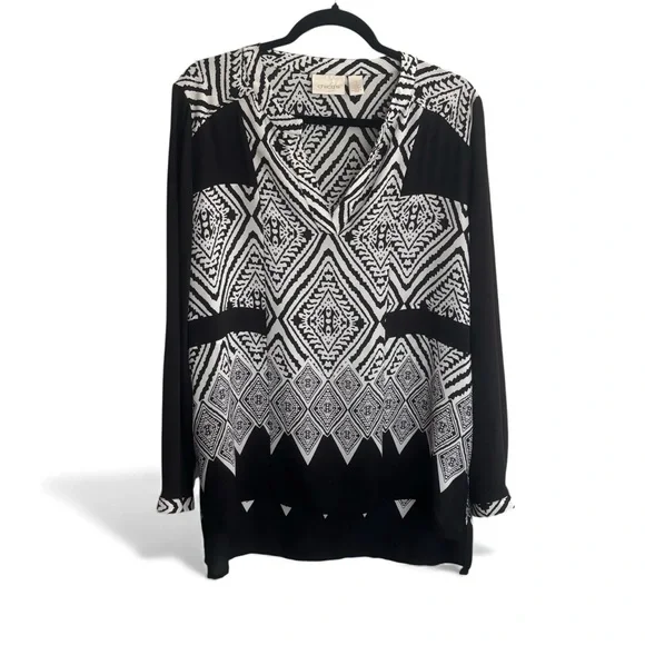 Chico’s Black & White Geo Print Tunic Top Size 2 (L) – Modern Boho Chic - Picture 1 of 8